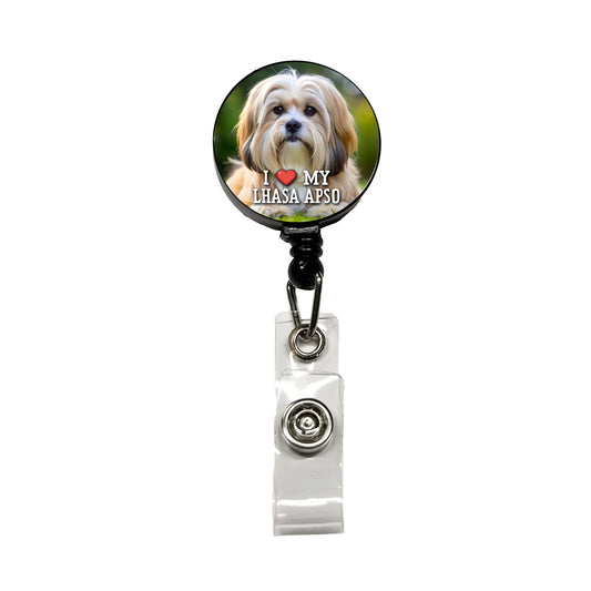 I Love My Lhasa Apso Dog Heart Retractable ID Key Card Name Tag Badge Holder with Clip
