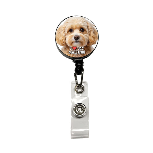 I Love My Maltipoo Dog Heart Retractable ID Key Card Name Tag Badge Holder with Clip