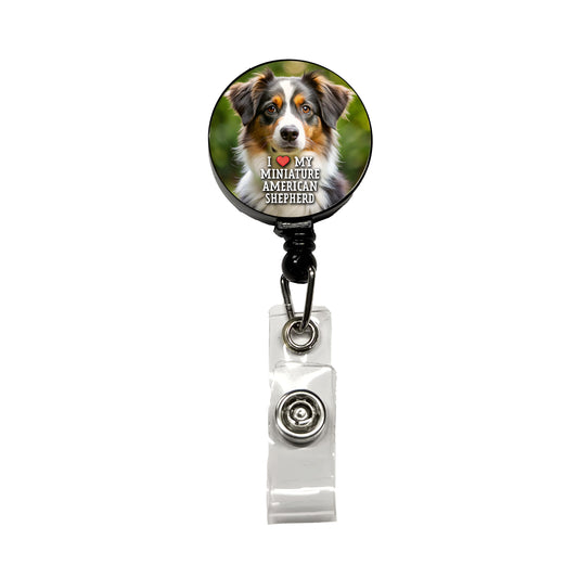 I Love My Miniature American Shepherd Dog Heart Retractable ID Key Card Name Tag Badge Holder with Clip