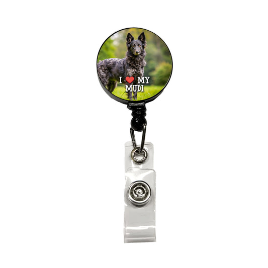 I Love My Mudi Dog Heart Retractable ID Key Card Name Tag Badge Holder with Clip