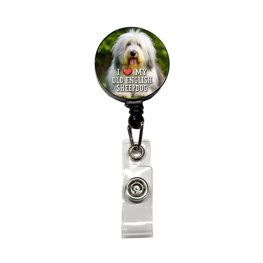I Love My Old English Sheepdog Dog Heart Retractable ID Key Card Name Tag Badge Holder with Clip