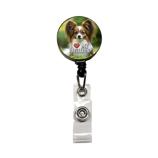I Love My Papillion Dog Heart Retractable ID Key Card Name Tag Badge Holder with Clip