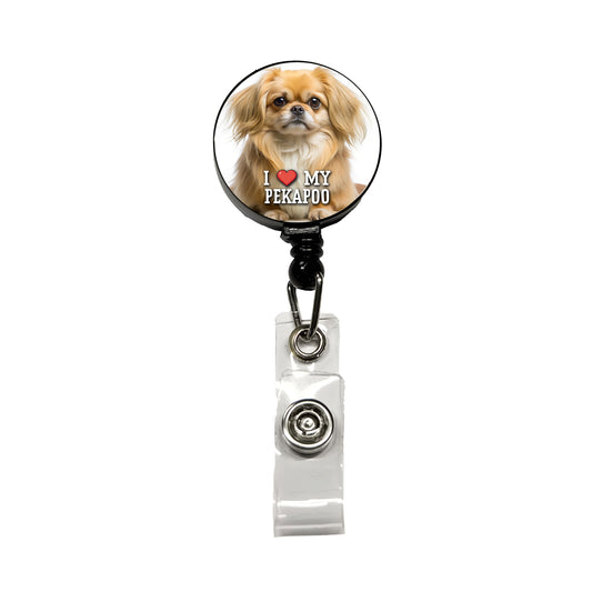 I Love My Pekapoo Dog Heart Retractable ID Key Card Name Tag Badge Holder with Clip