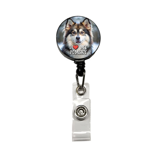 I Love My Pomsky Dog Heart Retractable ID Key Card Name Tag Badge Holder with Clip