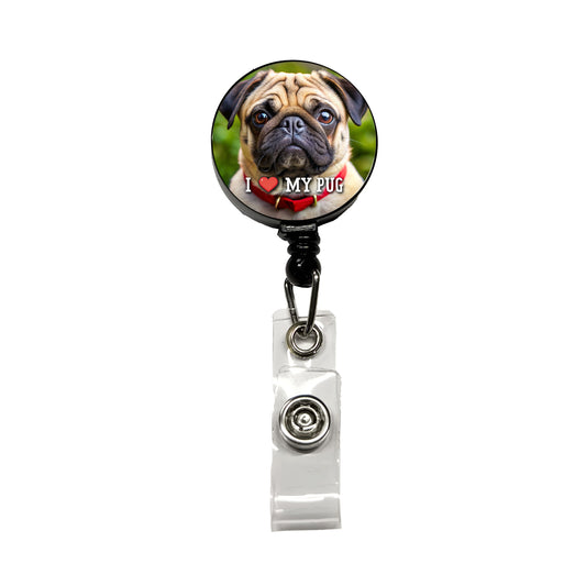 I Love My Pug Dog Heart Retractable ID Key Card Name Tag Badge Holder with Clip