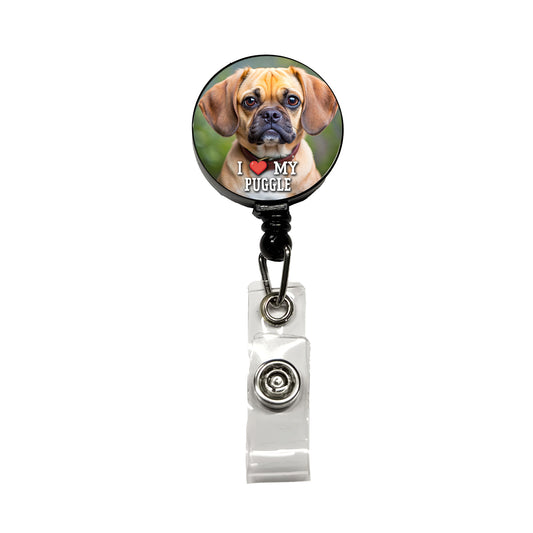 I Love My Puggle Dog Heart Retractable ID Key Card Name Tag Badge Holder with Clip