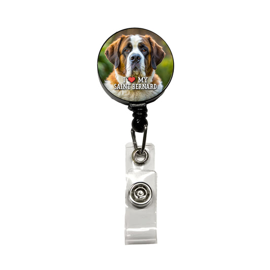 I Love My Saint Bernard Dog Heart Retractable ID Key Card Name Tag Badge Holder with Clip