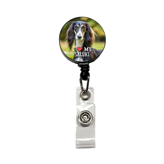 I Love My Saluki Dog Heart Retractable ID Key Card Name Tag Badge Holder with Clip