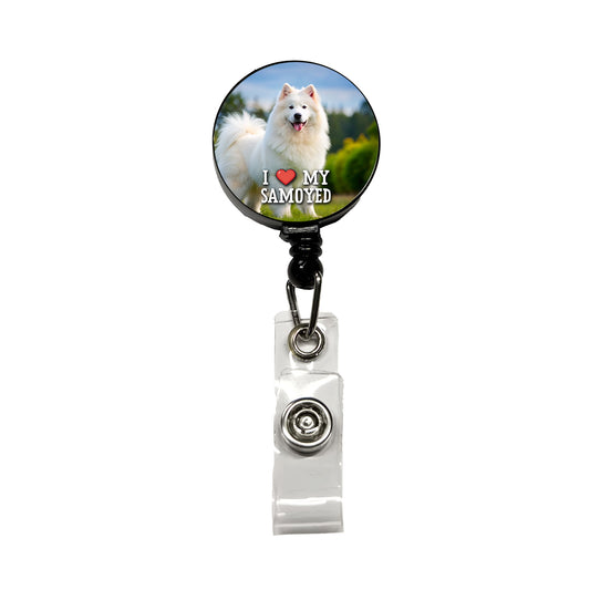 I Love My Samoyed Dog Heart Retractable ID Key Card Name Tag Badge Holder with Clip