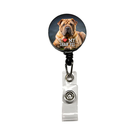 I Love My Shar Pei Dog Heart Retractable ID Key Card Name Tag Badge Holder with Clip
