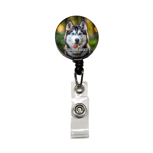 I Love My Siberian Husky Dog Heart Retractable ID Key Card Name Tag Badge Holder with Clip