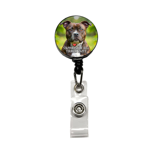 I Love My Staffordshire Bull Terrier Staffy Dog Heart Retractable ID Key Card Name Tag Badge Holder with Clip