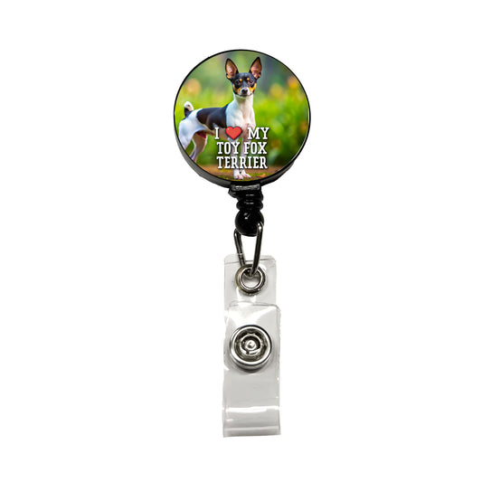 I Love My Toy Fox Terrier Dog Heart Retractable ID Key Card Name Tag Badge Holder with Clip