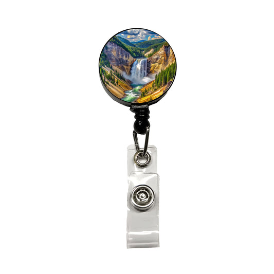 Yellowstone National Park Lower Falls Watercolor Style Retractable ID Key Card Name Tag Badge Holder with Clip