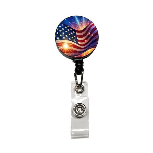 American Flag Sparkling Waving Patriotic Retractable ID Key Card Name Tag Badge Holder with Clip