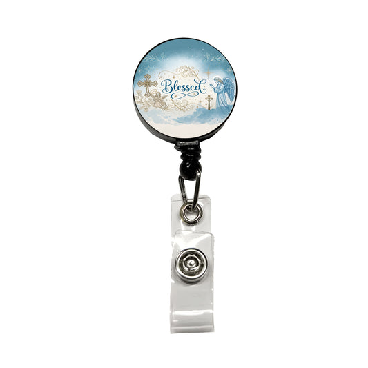 Blessed Religious Angel Blue White Retractable ID Key Card Name Tag Badge Holder with Clip