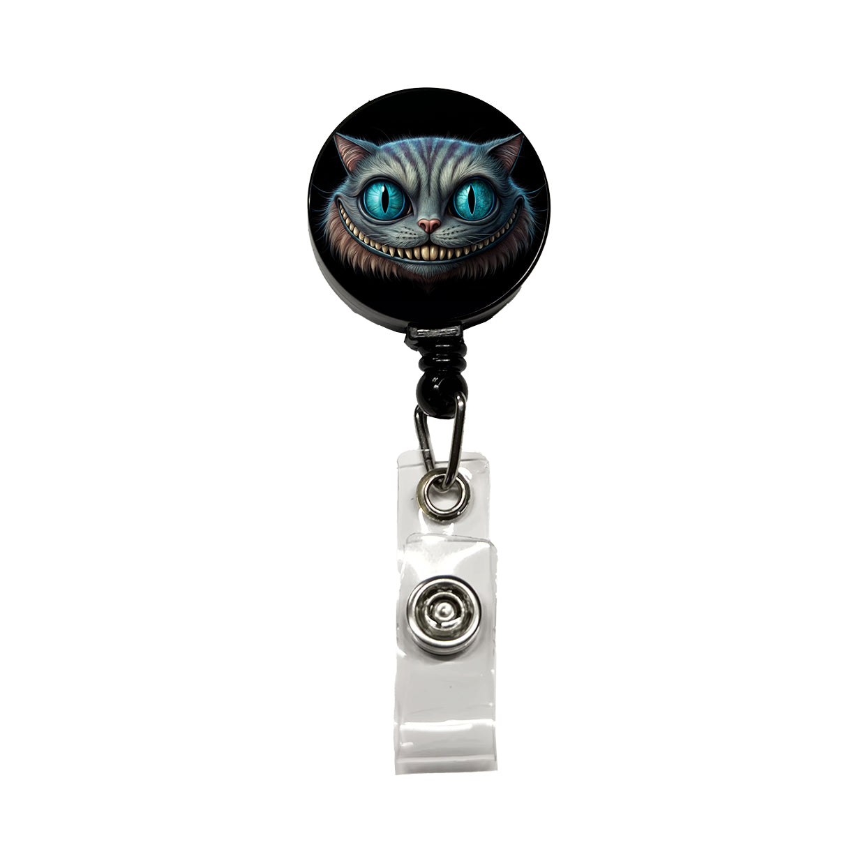 Creepy Cheshire Cat Grin on Black Retractable ID Key Card Name Tag Badge Holder with Clip