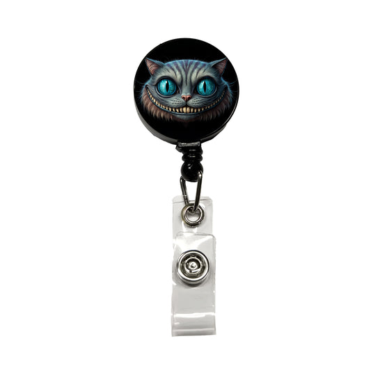 Creepy Cheshire Cat Grin on Black Retractable ID Key Card Name Tag Badge Holder with Clip