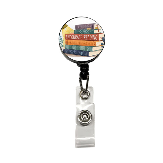 Encourage Reading Stack of Books Retractable ID Key Card Name Tag Badge Holder with Clip