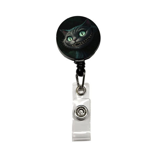 Evil Cheshire Cat Grinning On Black Retractable ID Key Card Name Tag Badge Holder with Clip