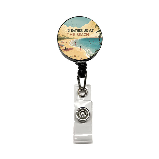 I'd Rather Be At The Beach Ocean Retractable ID Key Card Name Tag Badge Holder with Clip