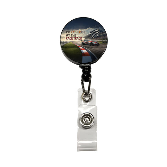 I'd Rather Be At The Race Track Checkered Flag Retractable ID Key Card Name Tag Badge Holder with Clip