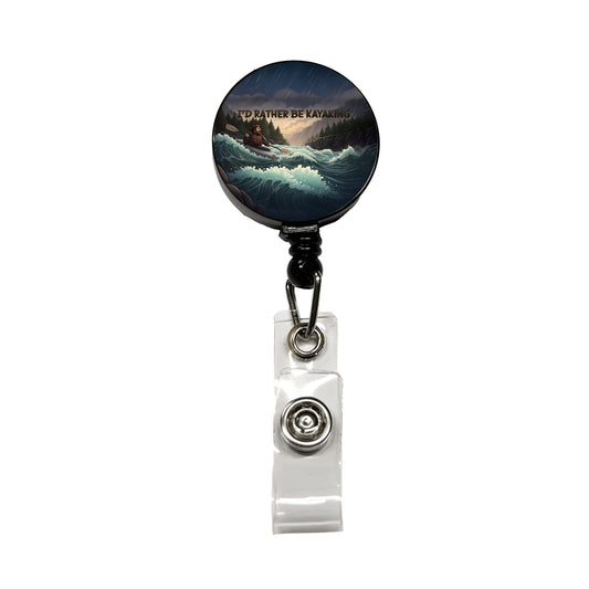 I'd Rather Be Kayaking Man Kayaker Raging River Retractable ID Key Card Name Tag Badge Holder with Clip