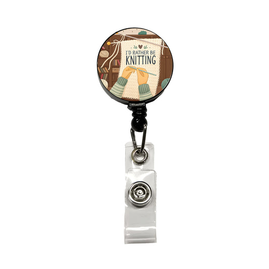 I'd Rather Be Knitting Knit Yarn Needles Retractable ID Key Card Name Tag Badge Holder with Clip