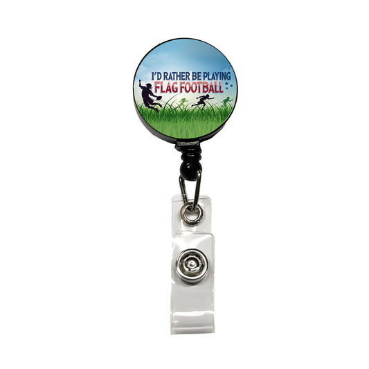 I'd Rather Be Playing Flag Football Retractable ID Key Card Name Tag Badge Holder with Clip