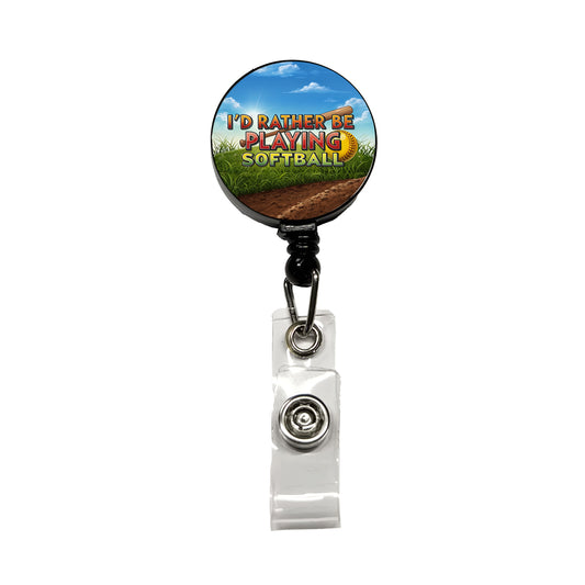 I'd Rather Be Playing Softball Retractable ID Key Card Name Tag Badge Holder with Clip