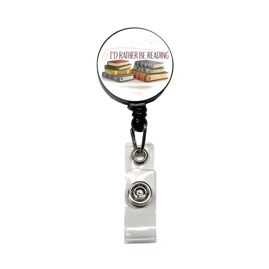 I'd Rather Be Reading Piles Of Books Design Retractable ID Key Card Name Tag Badge Holder with Clip