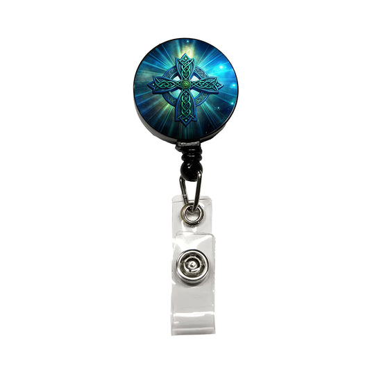 Irish Celtic Christian Cross Blue Green Retractable ID Key Card Name Tag Badge Holder with Clip