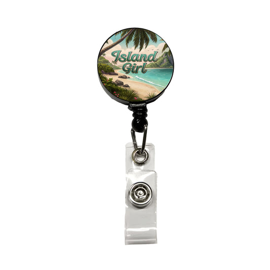 Island Girl Tropical Beach Palm Trees Retractable ID Key Card Name Tag Badge Holder with Clip