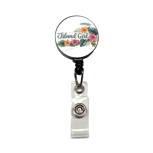 Island Girl Tropical Hibiscus Flowers Retractable ID Key Card Name Tag Badge Holder with Clip