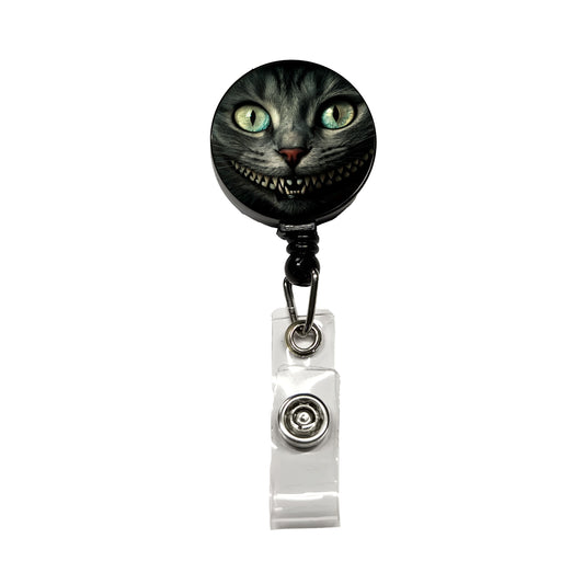 Mischievous Cheshire Cat Grin on Black Retractable ID Key Card Name Tag Badge Holder with Clip