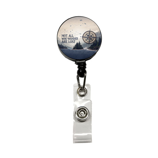 Not All Who Wander Are Lost Compass Hiking Retractable ID Key Card Name Tag Badge Holder with Clip