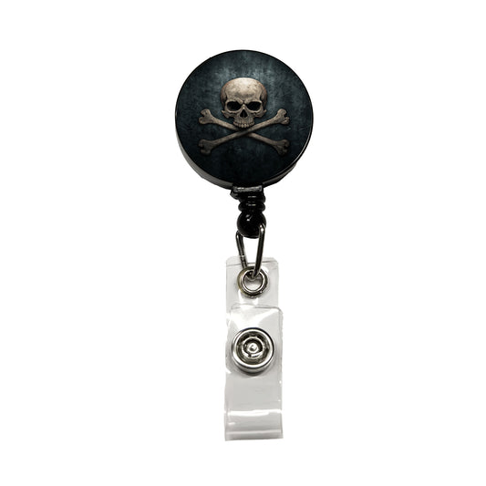 Pirate Skull and Crossbones Dark Rustic Retractable ID Key Card Name Tag Badge Holder with Clip