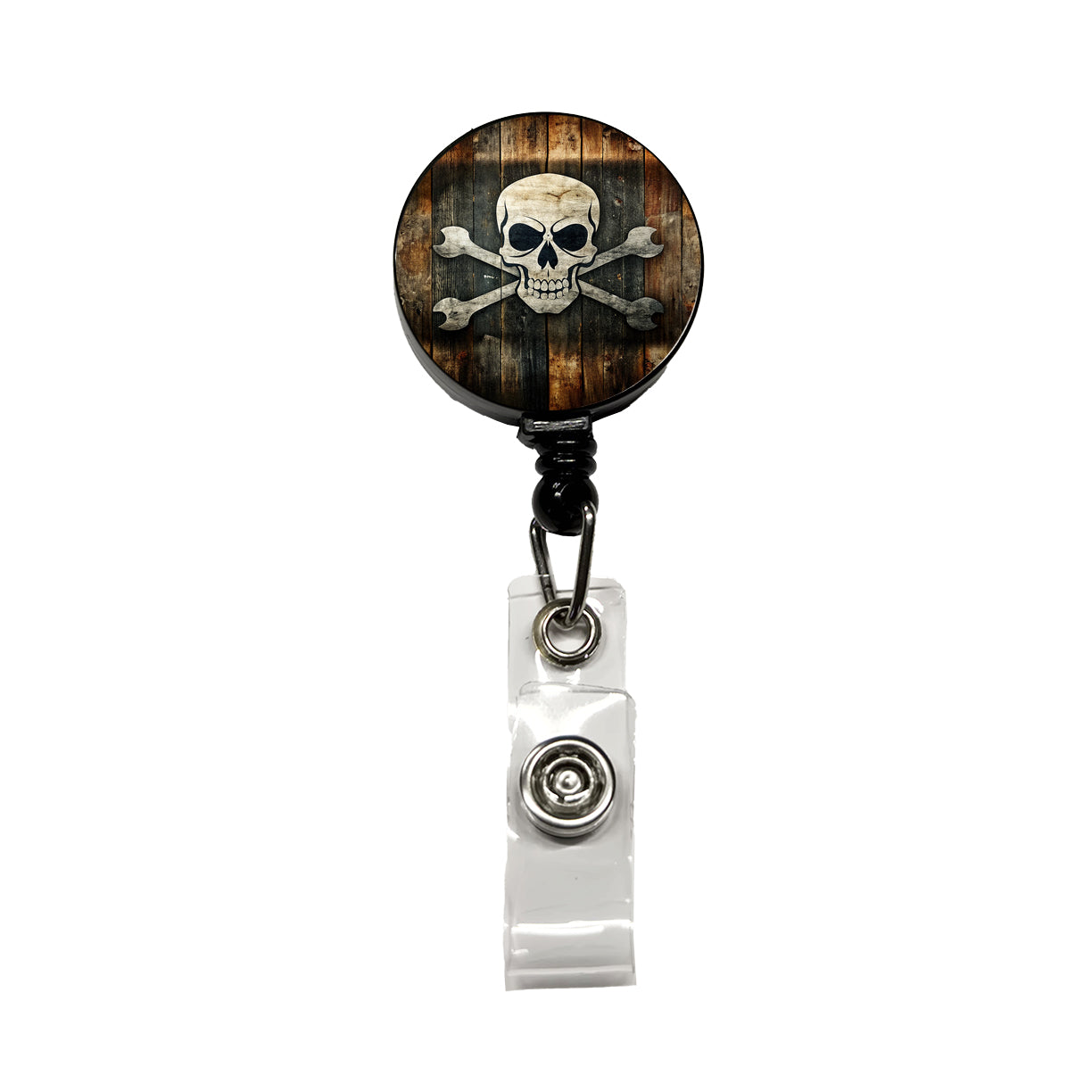 Pirate Skull And Crossbones Jolly Roger Rustic Planks Retractable ID Key Card Name Tag Badge Holder with Clip