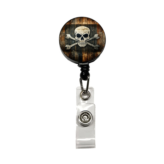 Pirate Skull And Crossbones Jolly Roger Rustic Planks Retractable ID Key Card Name Tag Badge Holder with Clip