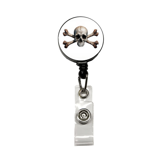 Pirate Skull And Crossbones on White Retractable ID Key Card Name Tag Badge Holder with Clip