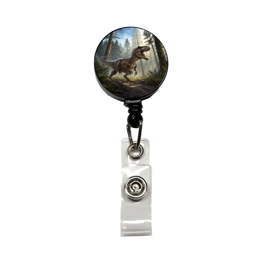 Raptor Dinosaur In Forest Retractable ID Key Card Name Tag Badge Holder with Clip