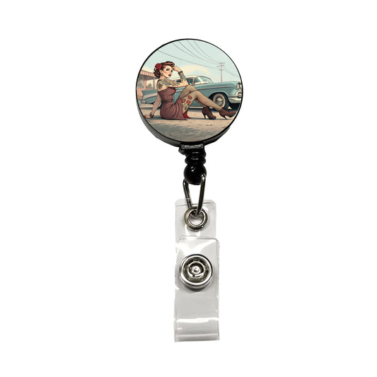 Rockabilly Retro 50's Pin-Up Girl With Tattoos Retractable ID Key Card Name Tag Badge Holder with Clip