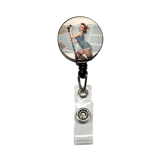 Rockabilly Retro 50's Pin-Up Girl Retractable ID Key Card Name Tag Badge Holder with Clip