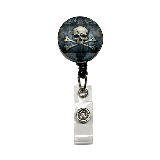 Rustic Skull And Crossbones Pirate Jolly Roger Retractable ID Key Card Name Tag Badge Holder with Clip
