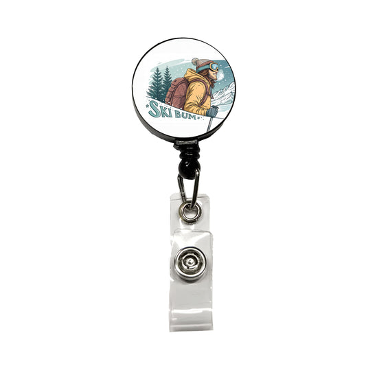 Ski Bum On The Mountain Retractable ID Key Card Name Tag Badge Holder with Clip