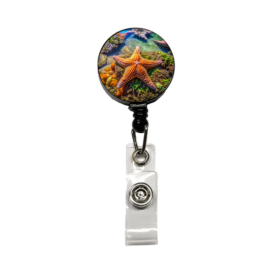 Starfish In Tide Pool Retractable ID Key Card Name Tag Badge Holder with Clip