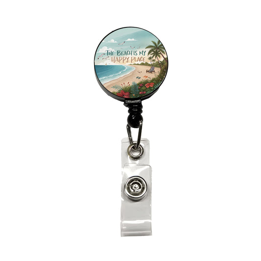 The Beach Is My Happy Place Funny Tropical Retractable ID Key Card Name Tag Badge Holder with Clip