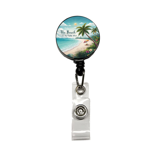 The Beach Is My Happy Place Tropical Retractable ID Key Card Name Tag Badge Holder with Clip