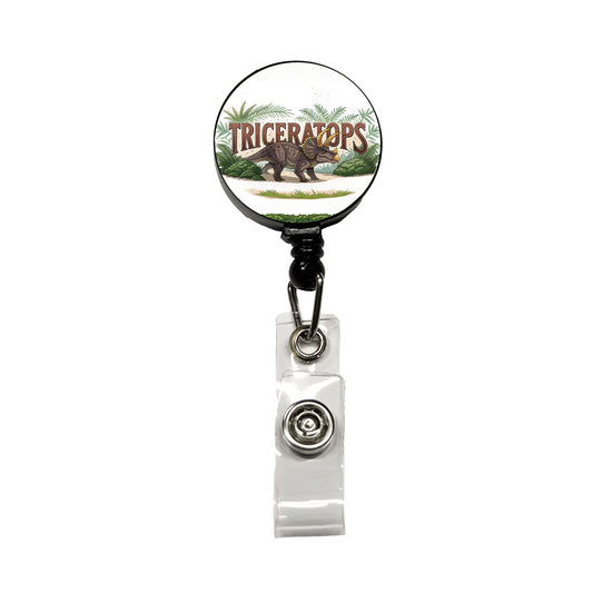 Triceratops Horned Dinosaur Cartoon Retractable ID Key Card Name Tag Badge Holder with Clip
