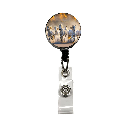 White Horses Galloping Out Of The Mist Retractable ID Key Card Name Tag Badge Holder with Clip